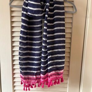 Lands' End Navy and Pink Striped Scarf with Tassels